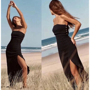 NWT Free People Made Me Blush Midi Dress Size:XL Black Raffles Hem Strapless